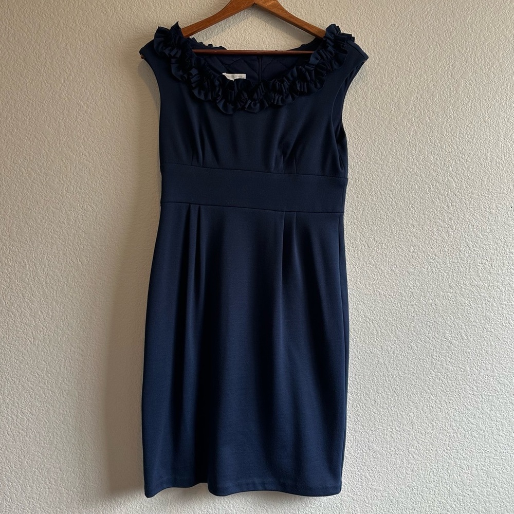 London Times Navy Blue Sleeveless Dress with Ruffle Detail. Size 10.